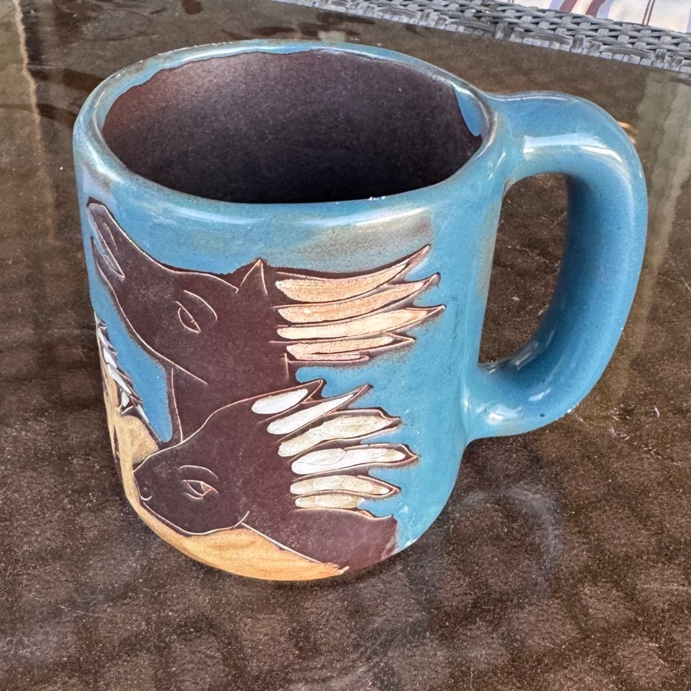 Mara Mexico Studio Pottery Horse Mug Blue Stoneware Art Pottery Coffee Cup